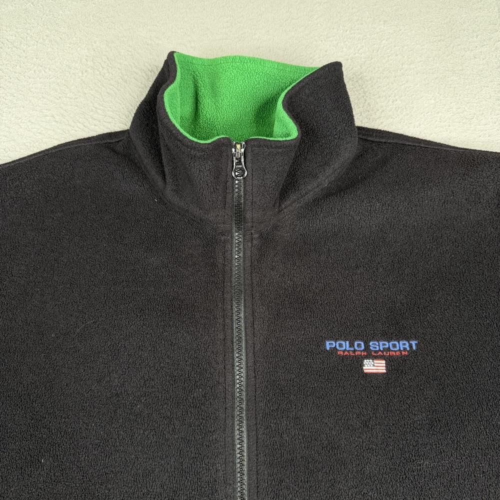 Polo Sport Ralph Lauren Jacket Mens XL Black Fleece Full Zip Green Collar